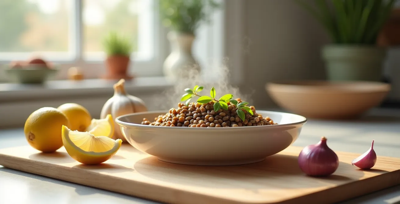 Composizione fotografica di legumi e alimenti che favoriscono l'assorbimento del ferro