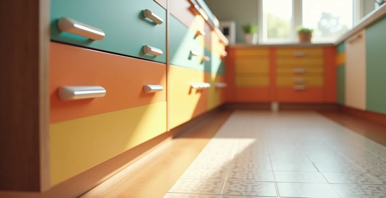 Vista angolare di una cucina adattata con etichette colorate e percorsi sicuri per anziani