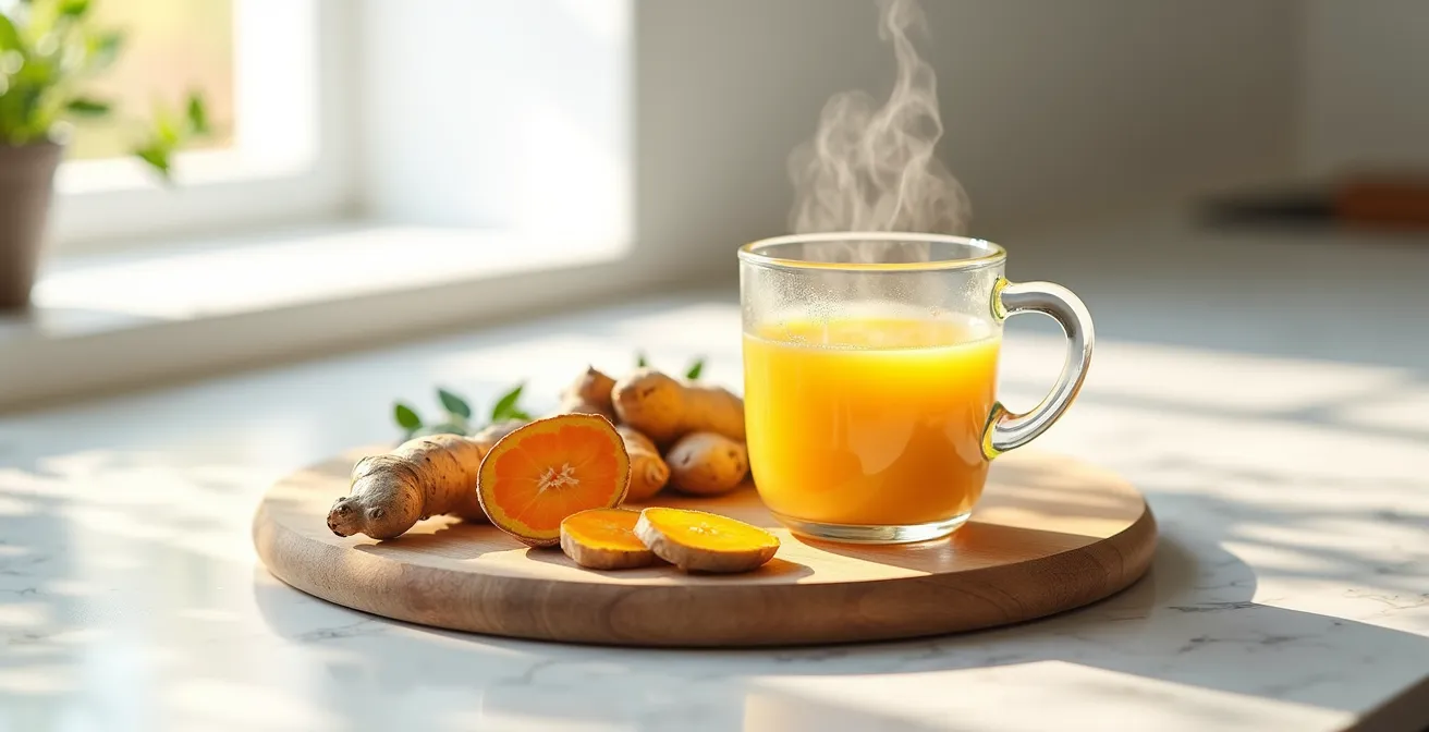 Radici di curcuma e zenzero freschi accanto a una tisana dorata, a rappresentare le alternative naturali agli antinfiammatori