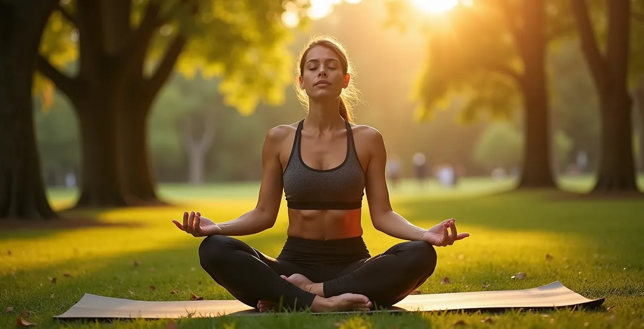 Atleta in abbigliamento sportivo che medita con espressione serena in un parco, a simboleggiare il recupero psicologico e la visualizzazione mentale.