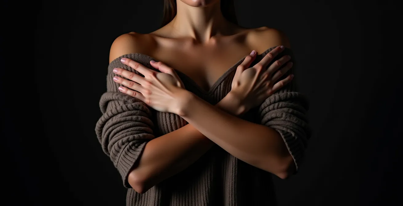 Persona con espressione di freddo e braccia incrociate per scaldarsi