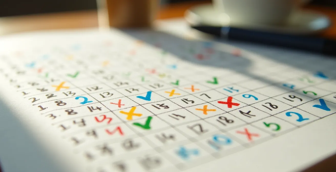 Primo piano di un habit tracker cartaceo con segni di spunta colorati che mostrano la continuità