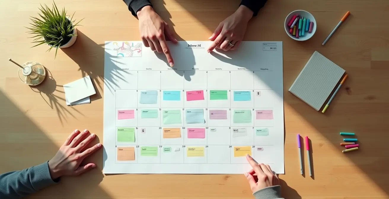 Vista dall'alto di un tavolo con calendario, penne colorate e mani che pianificano turni