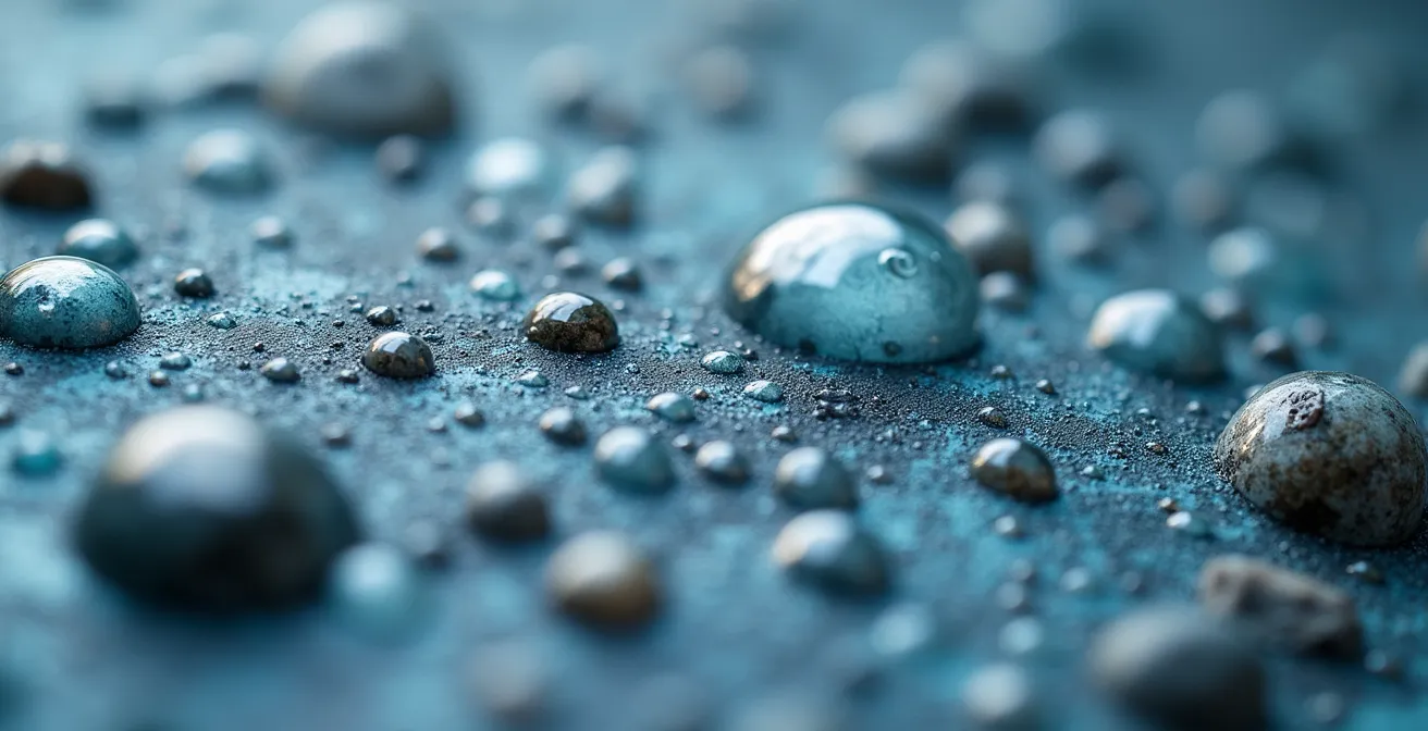 Vista macro di gocce d'acqua termale su una superficie minerale naturale, a simboleggiare la purezza e l'efficacia terapeutica