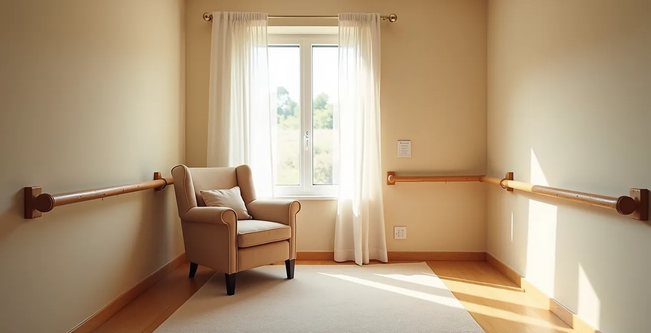 Interno domestico con dispositivi di sicurezza discreti per anziani