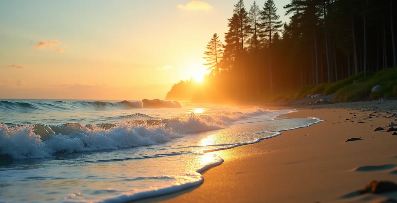 Vista divisa tra spiaggia con onde e bosco di conifere al tramonto
