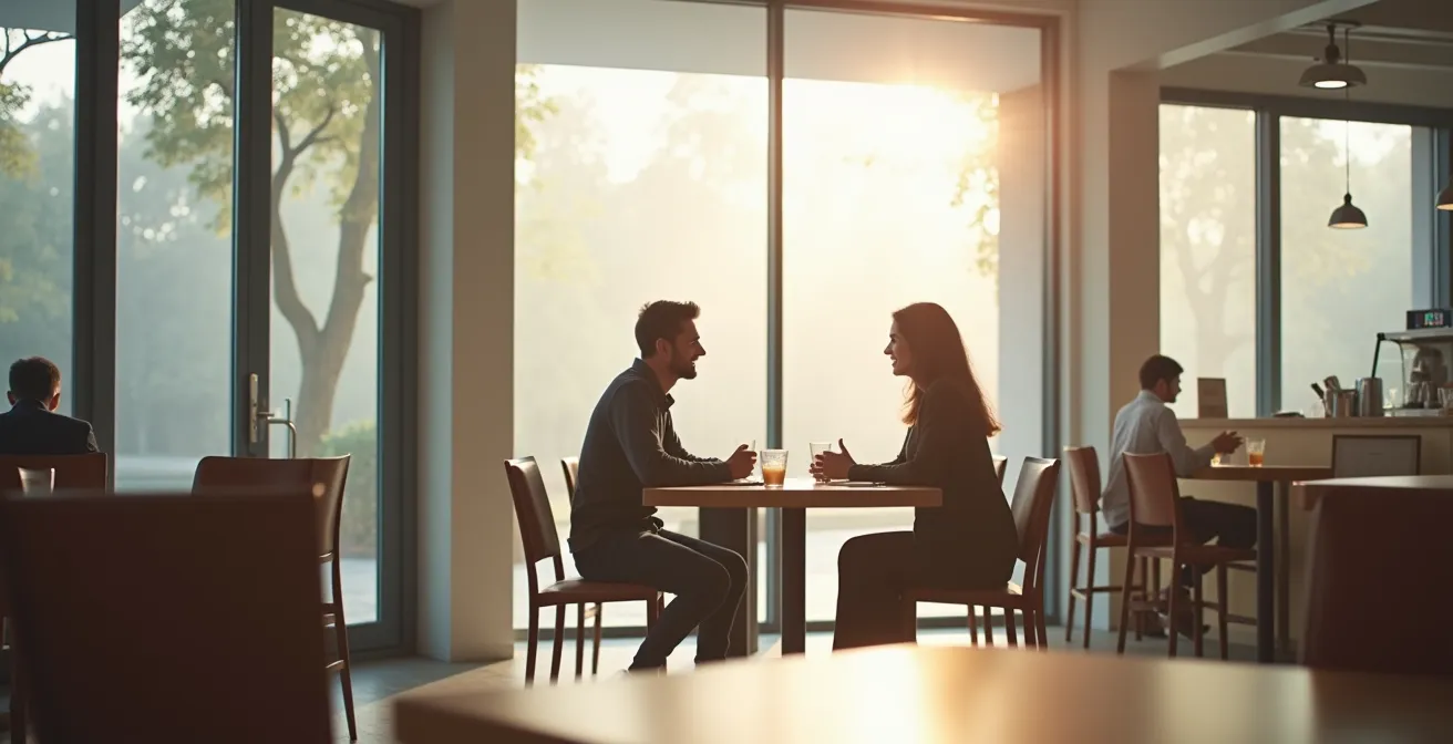 Due persone in conversazione rilassata in un caffè con ampio spazio negativo