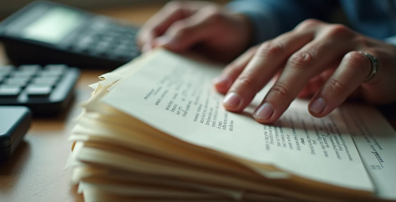 Mani che organizzano documenti amministrativi con orologio e calcolatrice sfocati sullo sfondo