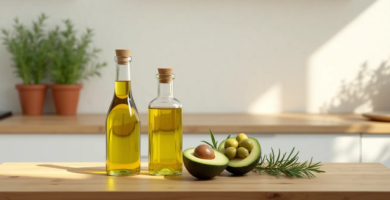 Ambiente cucina minimalista con bottiglie di olio d'oliva e avocado su piano di legno naturale