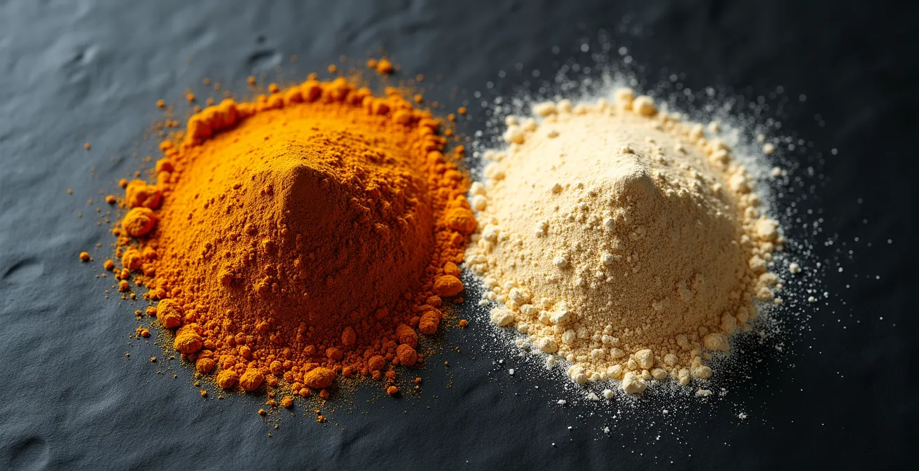 Confronto visivo tra estratto secco titolato concentrato e polvere di pianta semplice