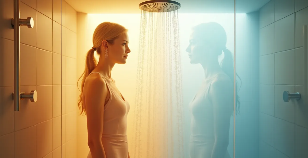 Doccia con getti d'acqua alternati visualizzati in rosso e blu per rappresentare il contrasto termico