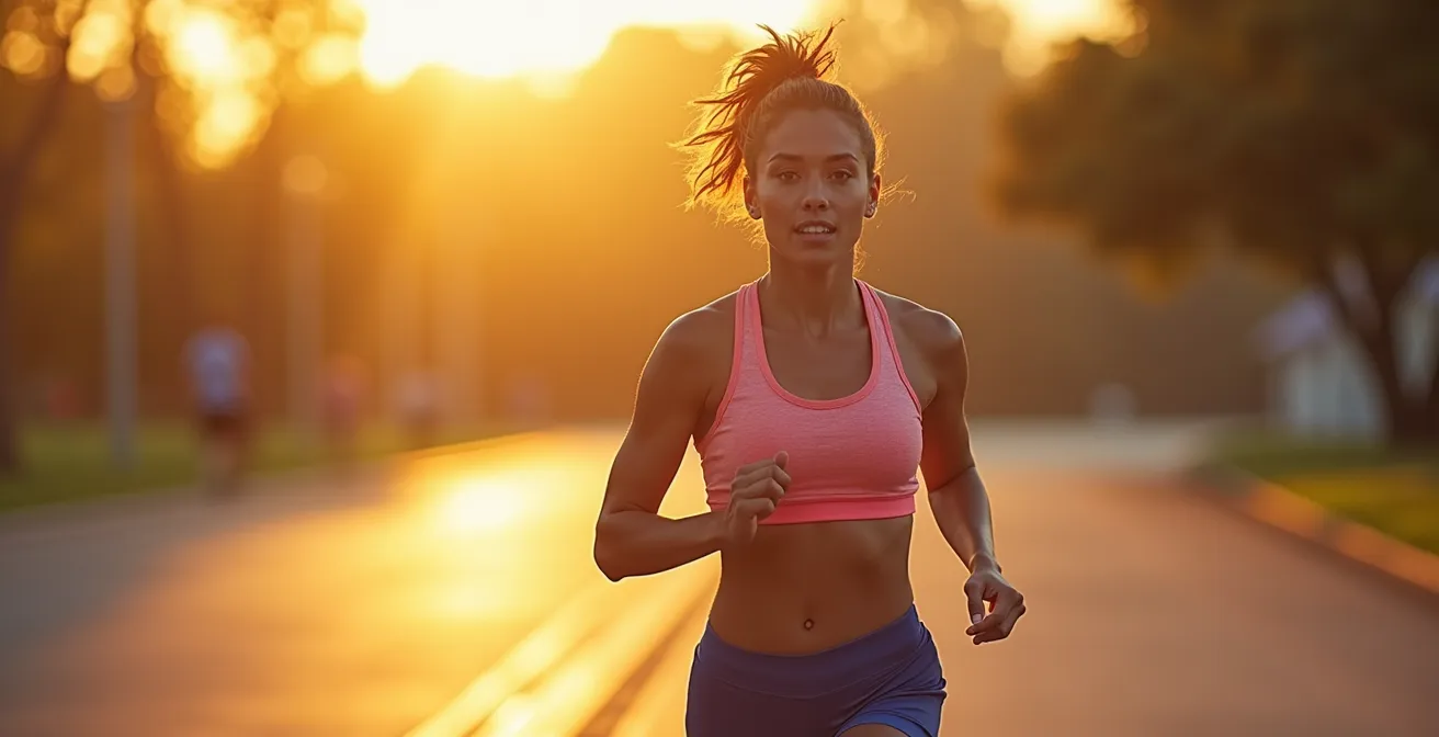 Persona in attività fisica all'aperto con rappresentazione simbolica dell'energia cellulare