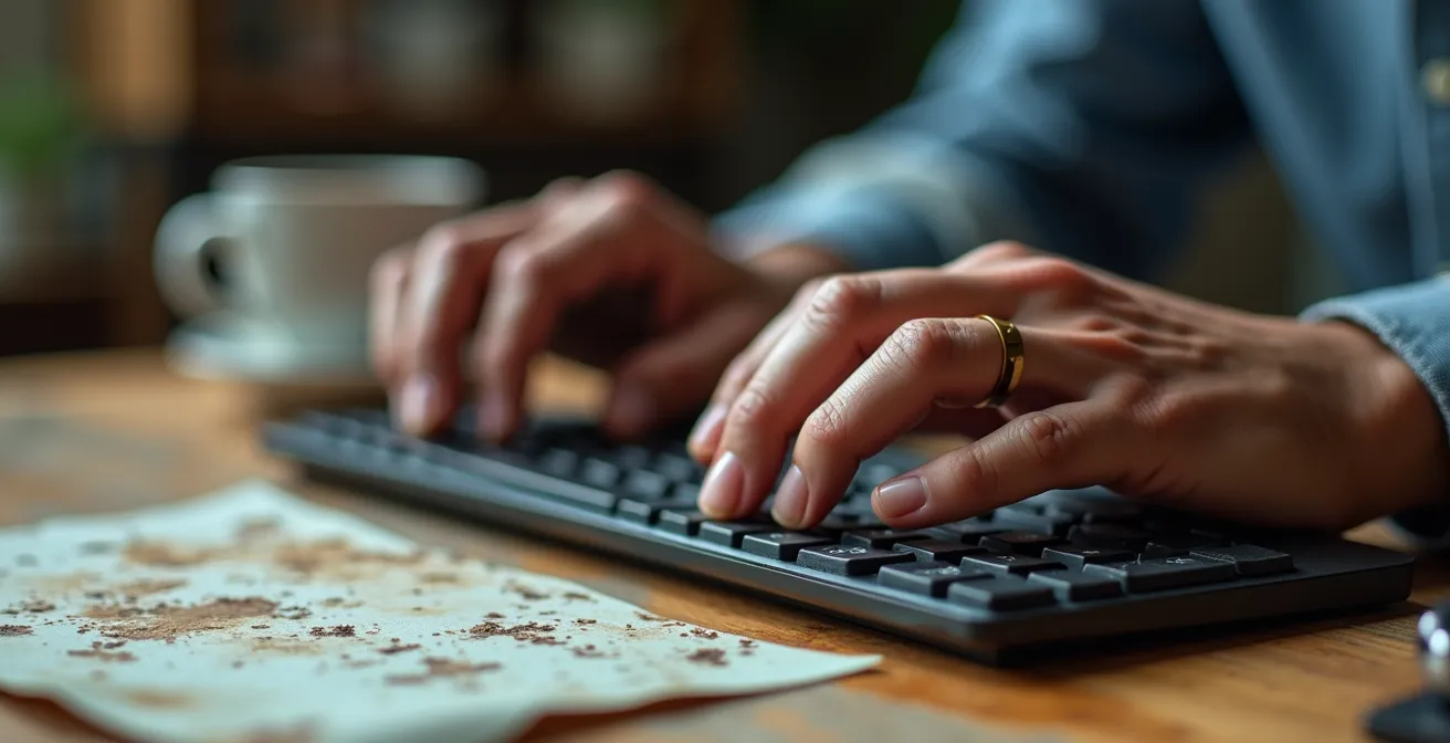 Macro dettaglio di mani stanche su tastiera con segni di sovraccarico