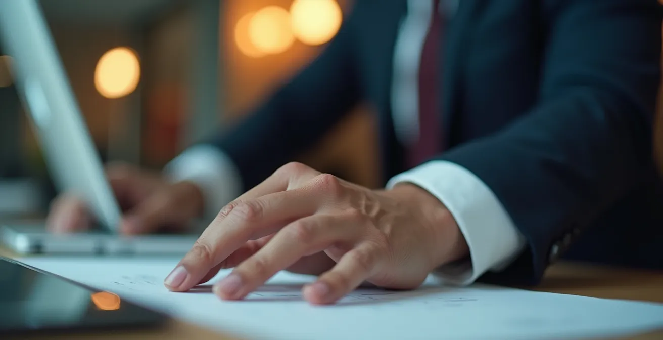 Primo piano di mani sotto scrivania che eseguono pressione isometrica discreta