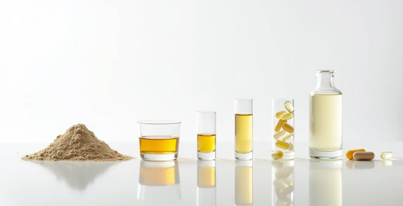 Diverse forme di integratori naturali disposte in gradiente di assorbimento