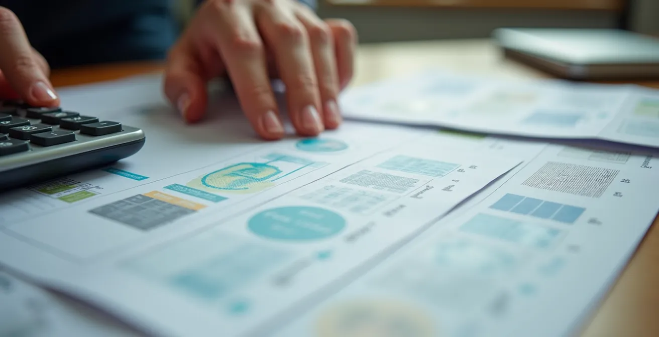 Mani che organizzano documenti amministrativi su tavolo con calcolatrice e foglio contabile
