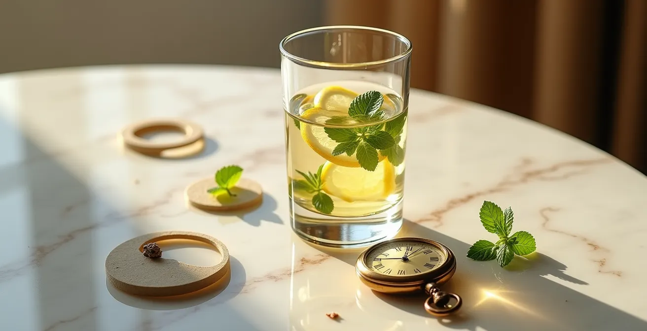 Composizione minimalista con bicchiere d'acqua e orologio che suggerisce il timing dei pasti