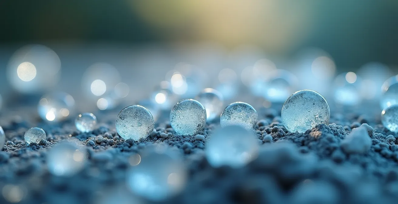 Dettaglio macro di gocce d'acqua e cristalli di sale minerale