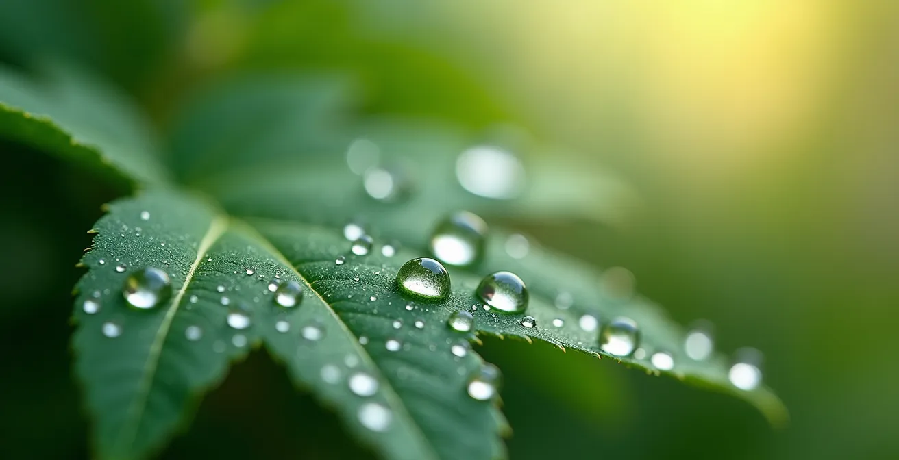 Dettaglio macro di gocce d'acqua su foglia verde con riflessi cristallini