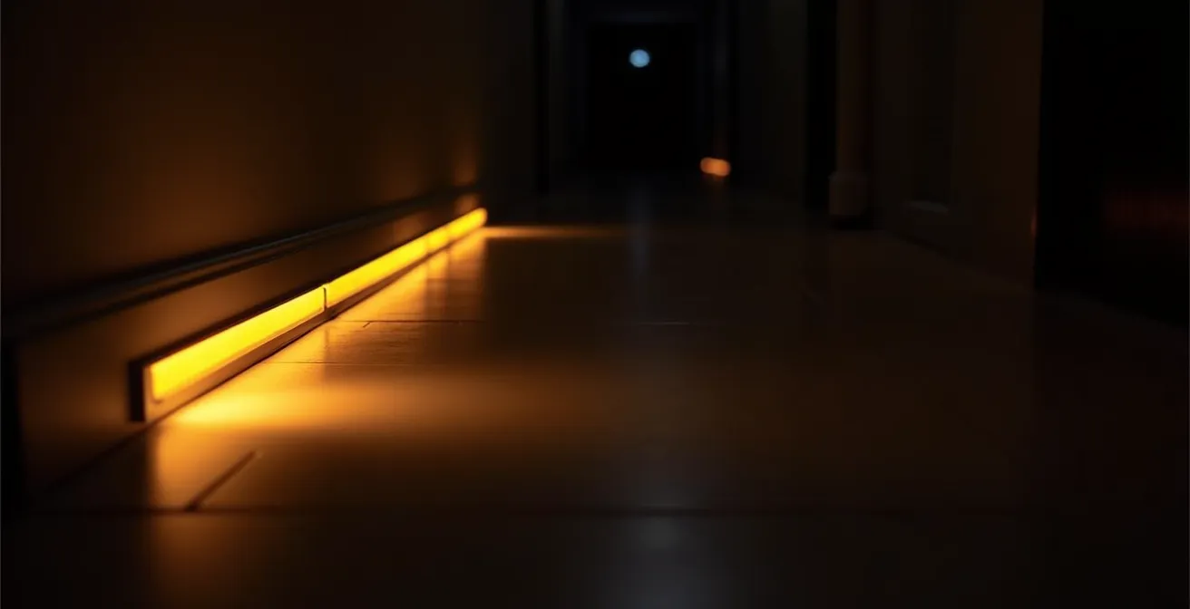 Corridoio notturno con luci a sensore posizionate lungo il battiscopa che creano un percorso luminoso verso il bagno