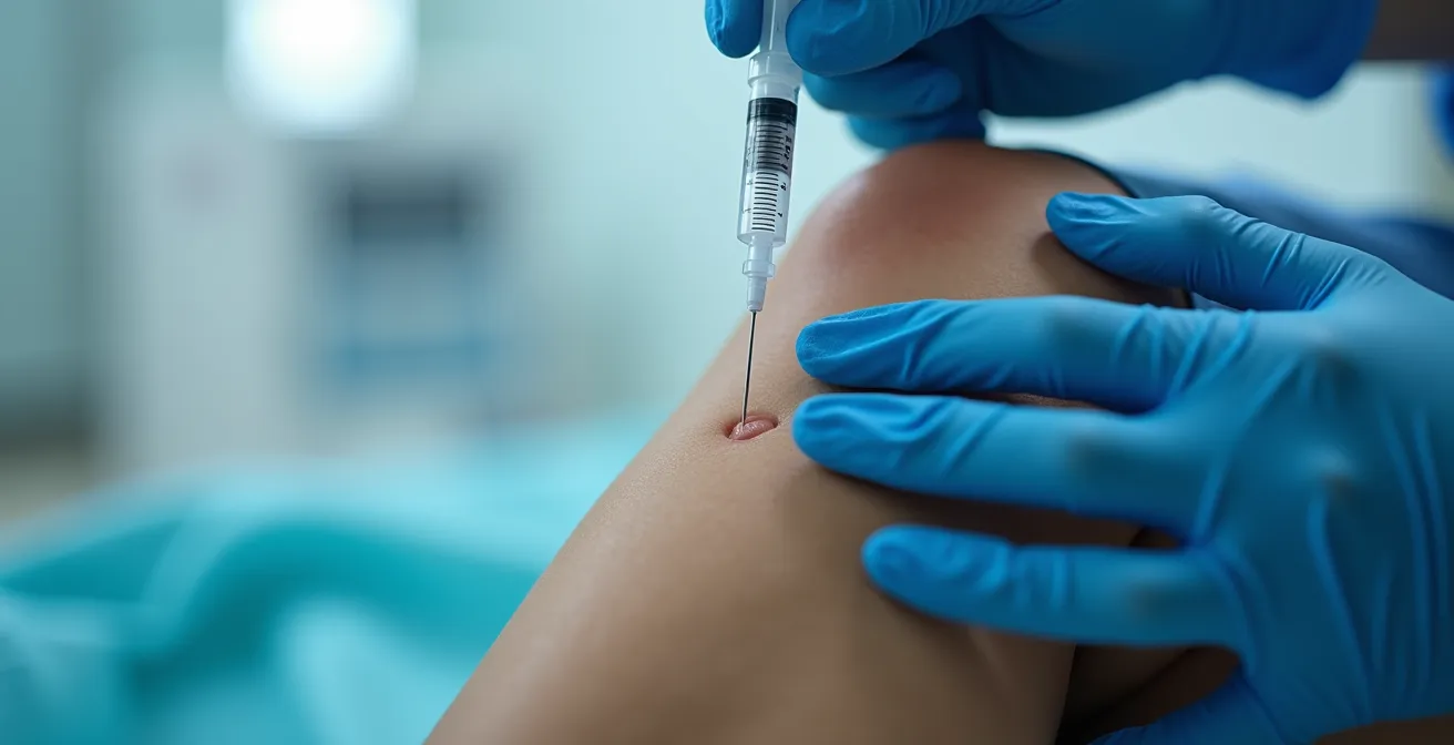 Infiltrazione terapeutica nel ginocchio di un lavoratore