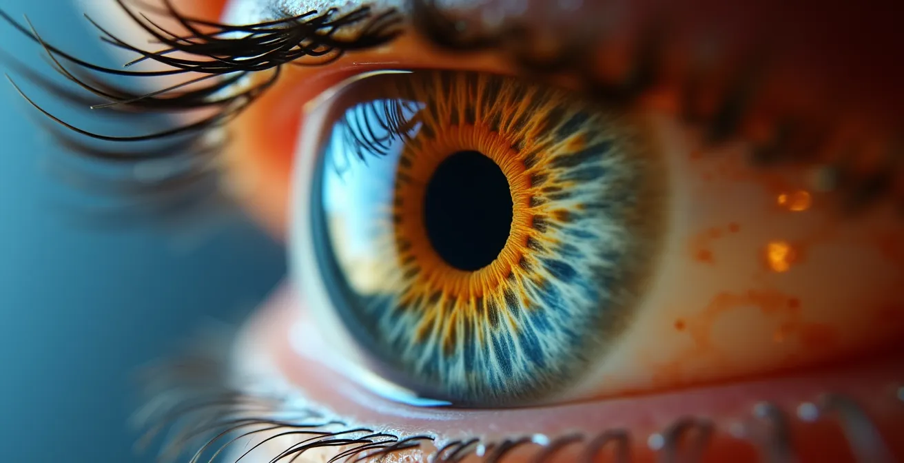 Dettaglio macro dell'iride umana che mostra la complessità delle fibre e dei segni costituzionali