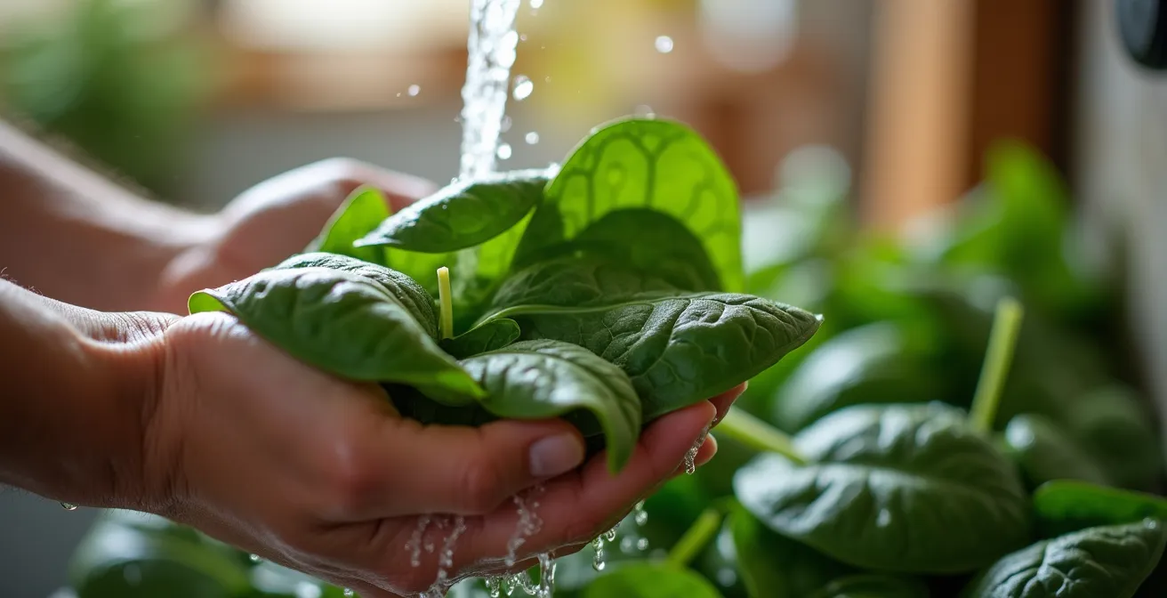 Mani che lavano delicatamente foglie di spinaci freschi sotto acqua corrente in cucina