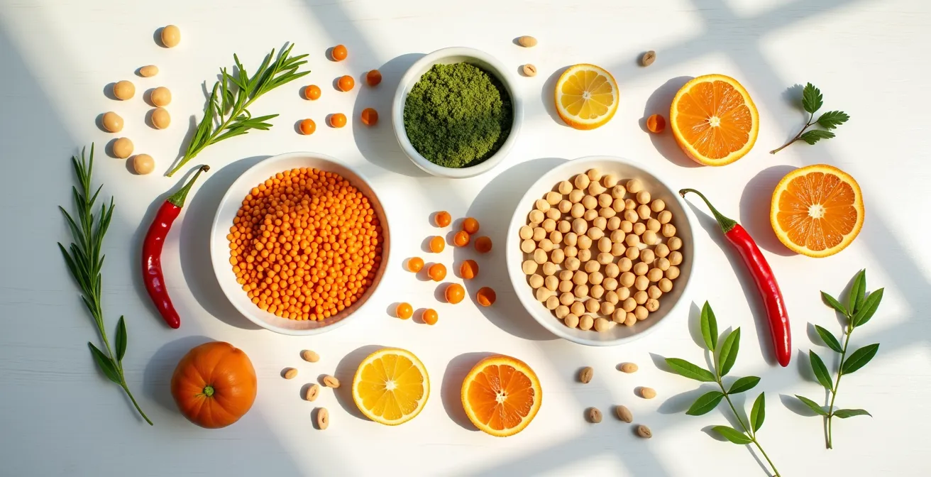 Composizione di legumi con agrumi e peperoni per assorbimento del ferro