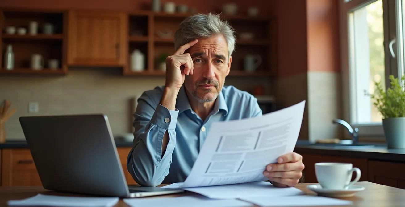 Persona che esamina documenti medici astratti con espressione preoccupata in ambiente domestico