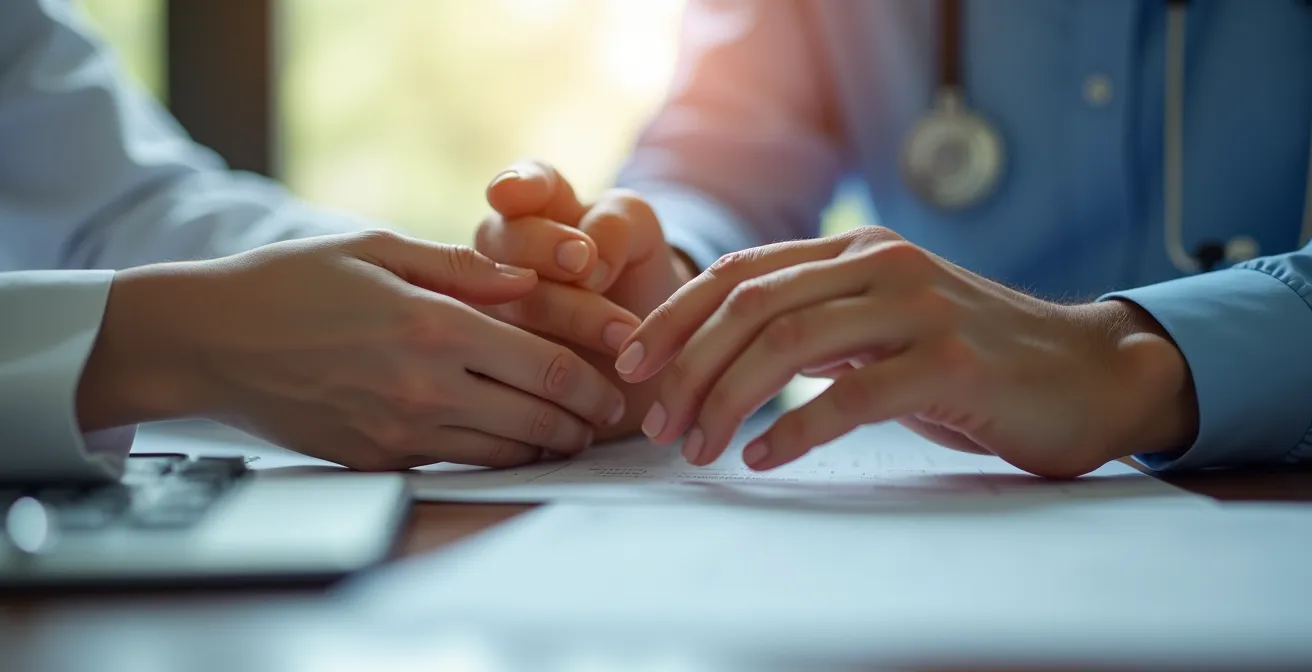 Mani di medico e paziente durante consulto medico con documenti che simboleggiano la prescrizione per le cure termali
