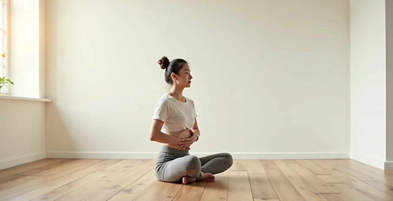 Persona in posizione meditativa con mani sul ventre in ambiente sereno