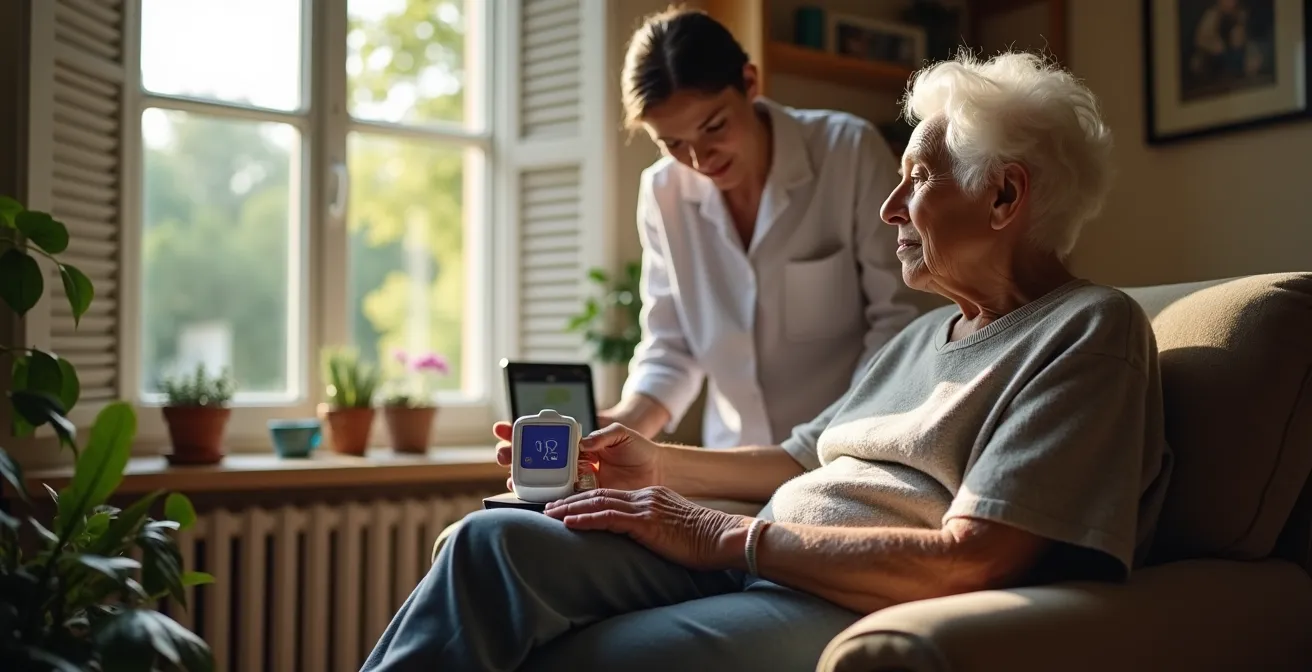 Saturimetro applicato al dito di un paziente anziano in ambiente domestico