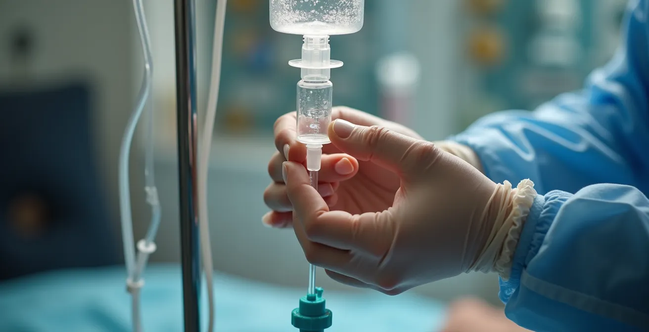 Dettaglio ravvicinato del controllo di una flebo da parte di un caregiver