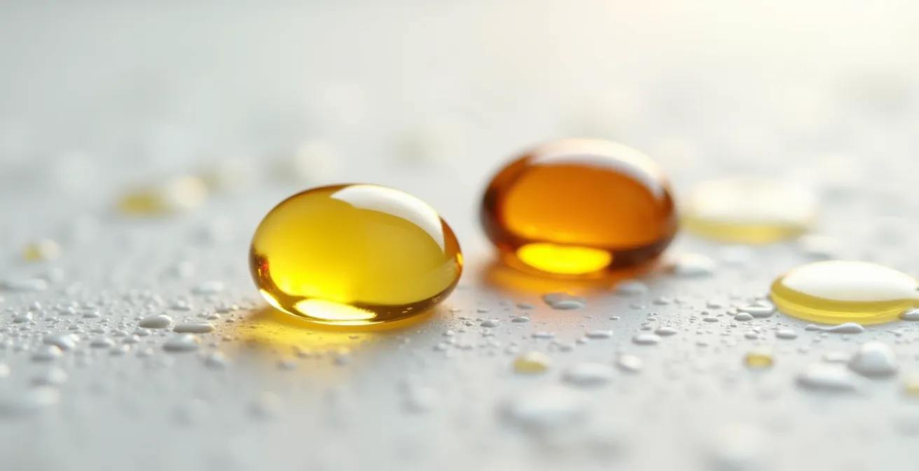 Confronto visivo tra capsule di olio di pesce fresco trasparente e olio ossidato scuro