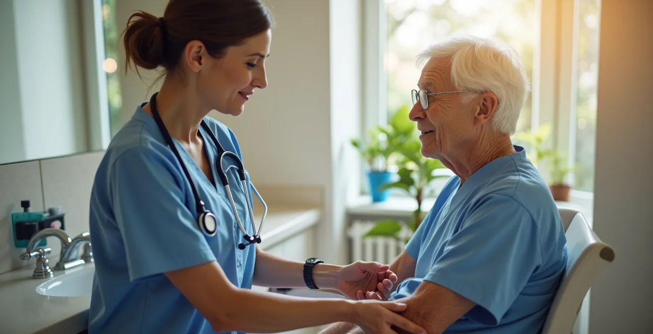 OSS che esegue con delicatezza l'igiene di un paziente rispettandone la privacy