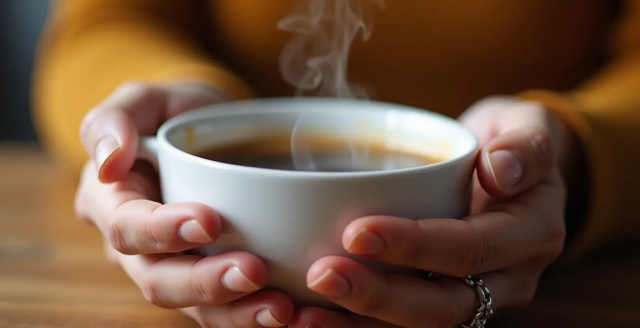 Dettaglio ravvicinato delle mani che tengono una tazza di caffè in un momento di pausa consapevole