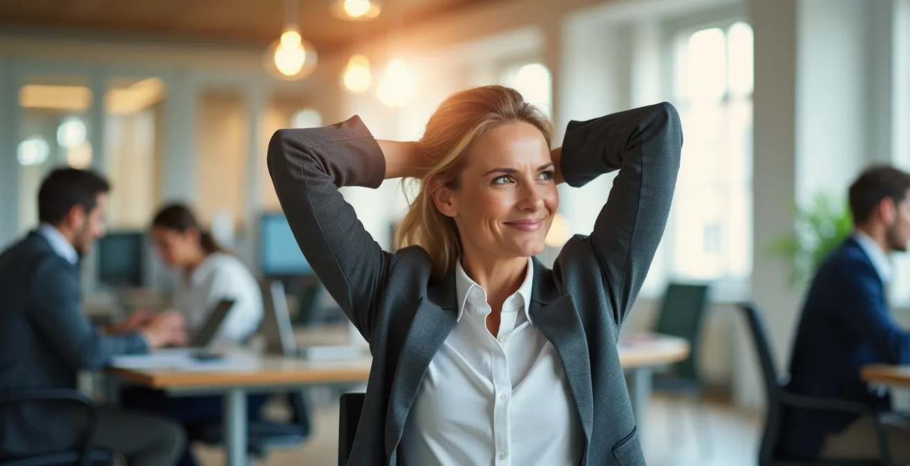Professionista che esegue stretching discreto alla scrivania in un ufficio open space luminoso