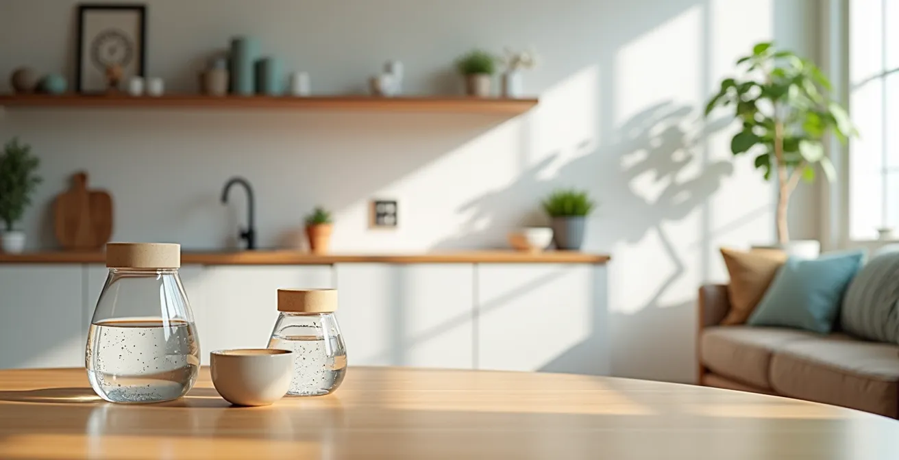 Ambiente domestico con bottiglie d'acqua posizionate strategicamente in diversi punti visibili
