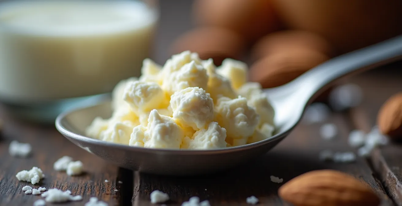 Alimenti ricchi di caseina come fiocchi di latte e mandorle su un tavolo in penombra serale, a simboleggiare la routine per il recupero notturno
