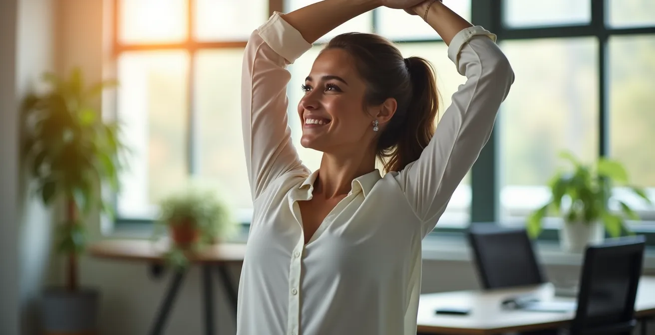 Persona che esegue stretching dinamico durante una pausa lavorativa