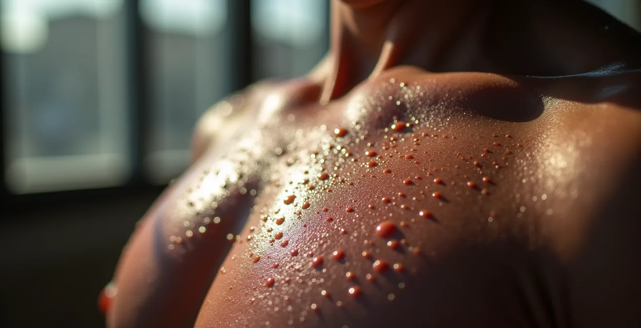 Dettaglio macro del torace di un atleta con gocce di sudore dopo l'allenamento