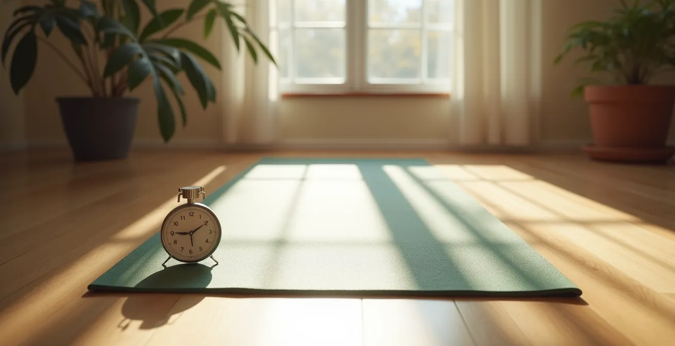 Ambiente domestico minimalista con tappetino yoga e timer che segna 10 minuti, simbolo di una routine quotidiana