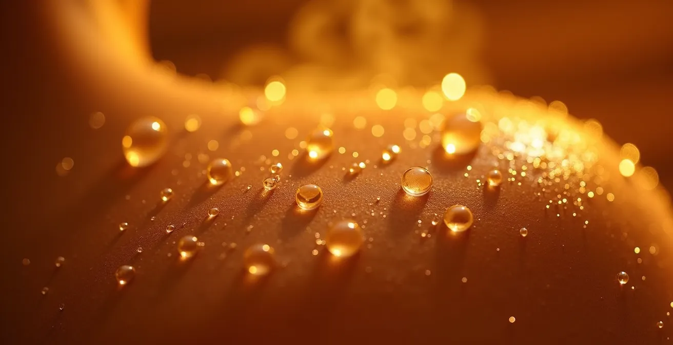 Persona in sauna a infrarossi con gocce di sudore visibili sulla pelle