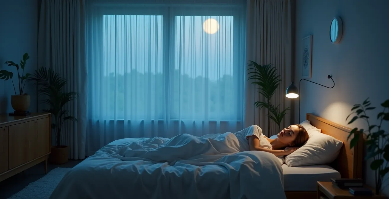 Persona dormiente in ambiente sereno con rappresentazione astratta della rigenerazione cellulare notturna