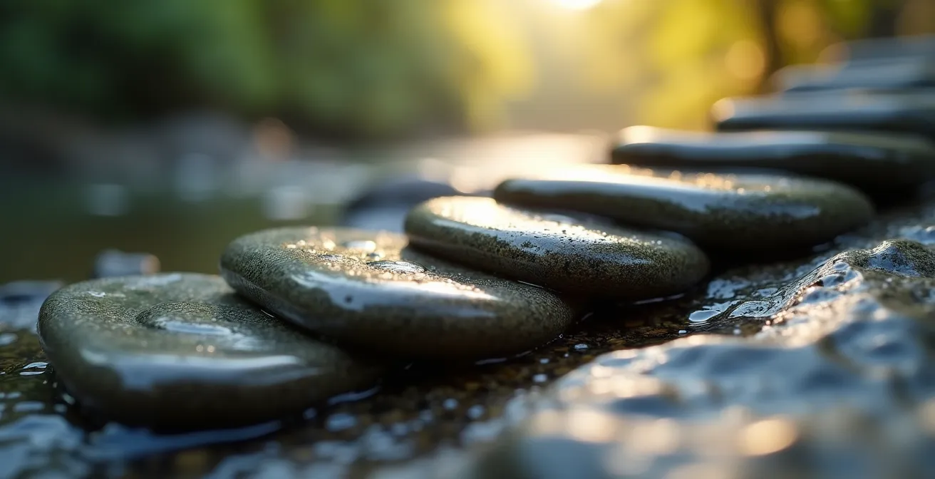 Scala ascendente di pietre lisce che simboleggia il progresso graduale nel superare la paura del movimento