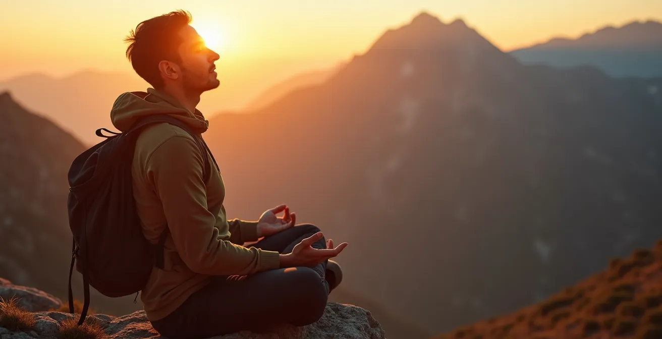 Escursionista che medita su una roccia al tramonto senza dispositivi tecnologici