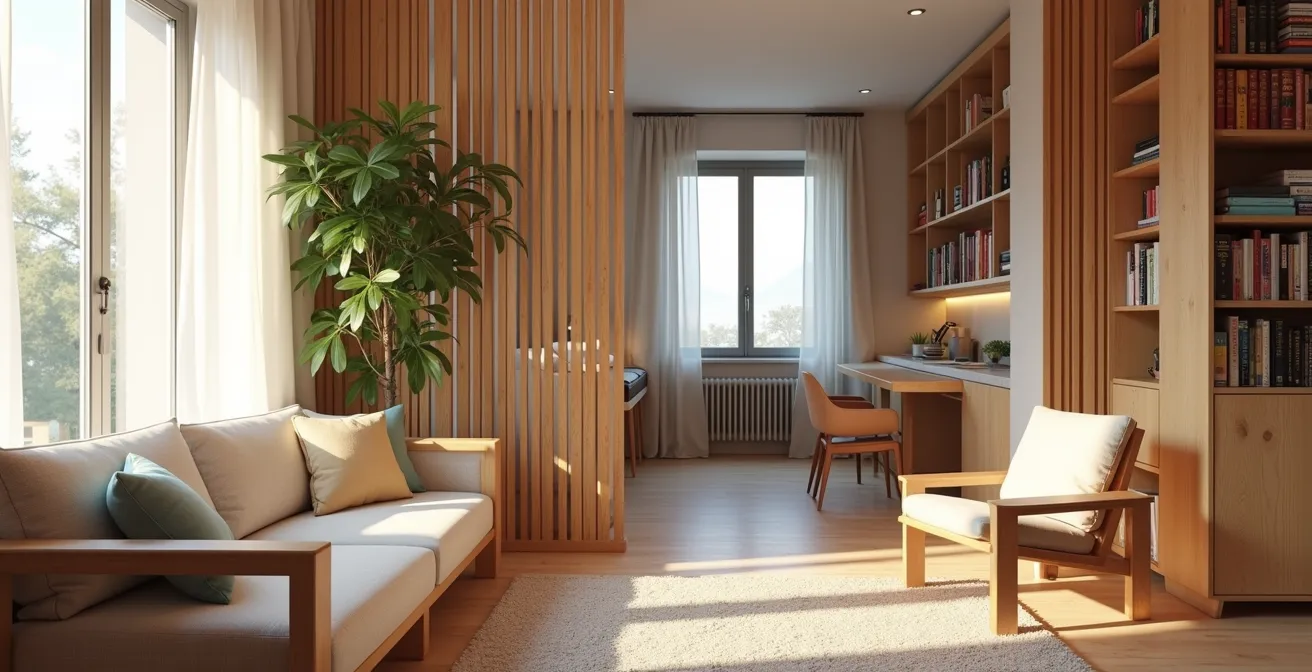 Angolo soggiorno accogliente con divisorio decorativo che separa zona relax da area con ausili medici